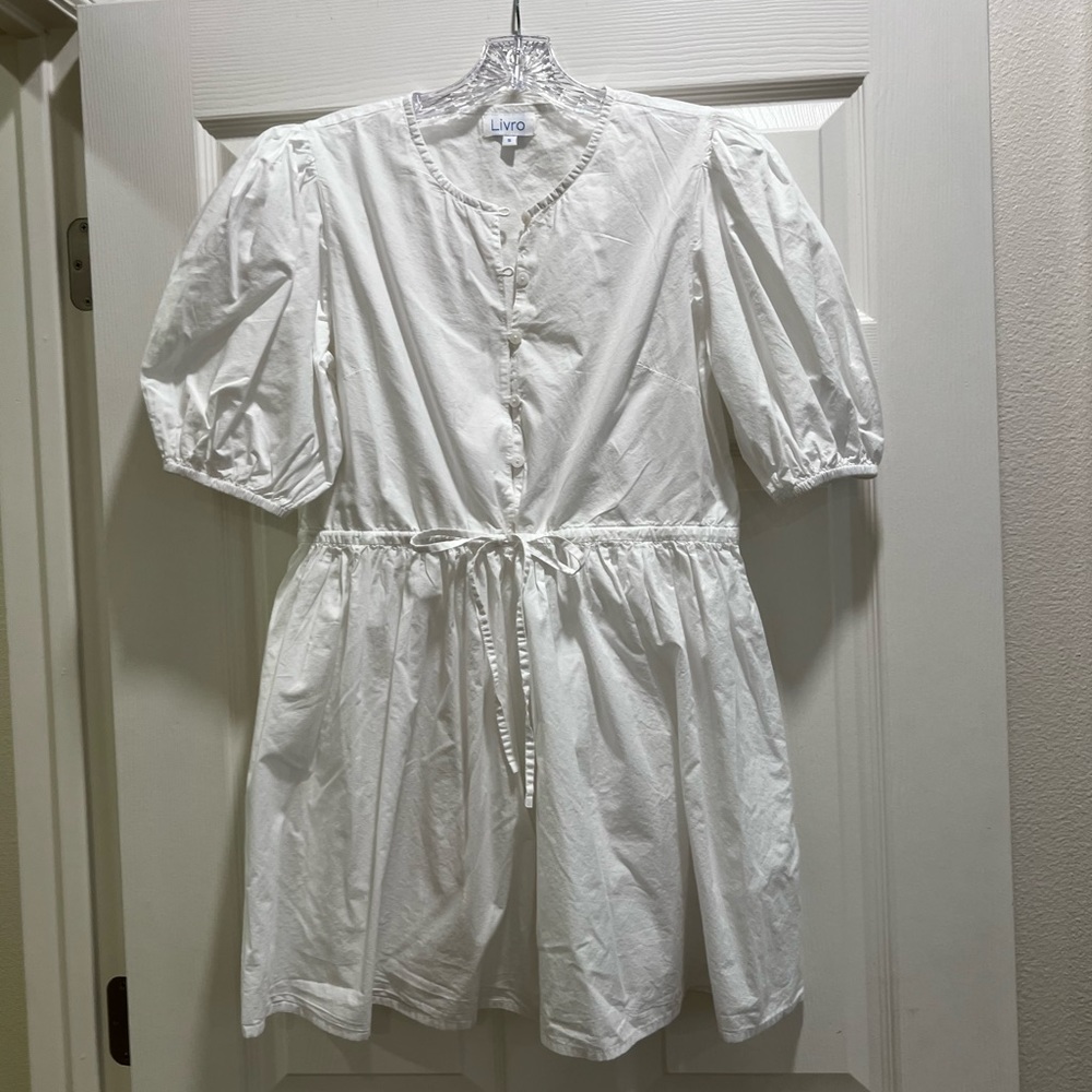 Livro White Puff Sleeve Drawstring Waist Dress